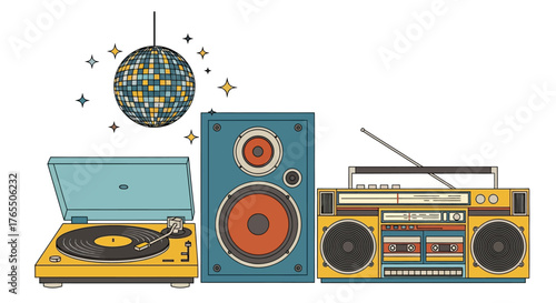 Retro music setup with turntable, speaker, and boombox under a disco ball.