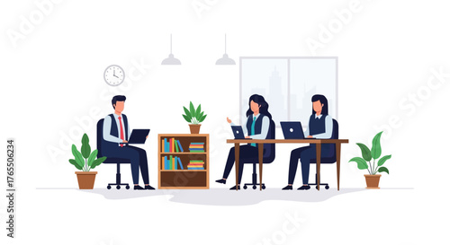 Diverse team collaborating in a bright, modern office setting, working together on laptops.