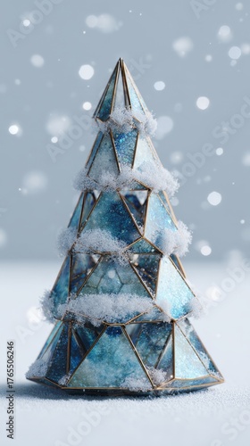 Unique geometric Christmas tree with blue hues and snow accents, standing elegantly in a winter scene, evoking a joyful holiday ambiance and seasonal cheer