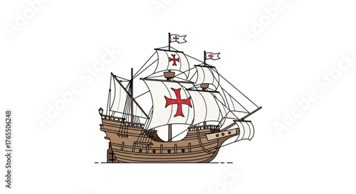 Historic tall ship with red cross sails on a calm sea, symbolizing exploration and adventure.