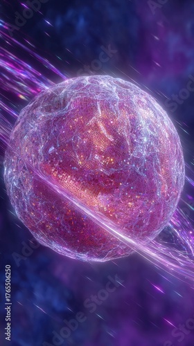 Cosmic sphere radiates vibrant colors and textures, surrounded by light trails in a deep space environment, showcasing the wonders of the universe and celestial beauty