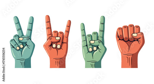 Diverse hands signal peace, rock music, and solidarity with vibrant colors