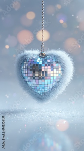Heart-shaped ornament features a disco ball design with fluffy trim, hanging in a dreamy bokeh setting, perfect for adding a festive touch to holiday decor