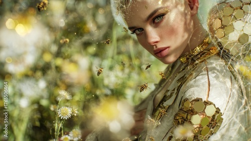 Female model with short blonde hair, wearing a honeycomb-inspired outfit, is surrounded by bees and flowers, creating a vibrant and harmonious atmosphere of nature