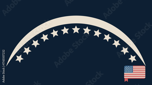Illustration of a crescent shape with stars and an american flag on a dark blue background