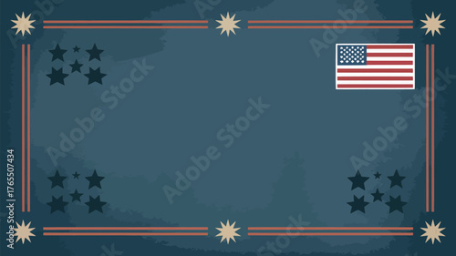 A patriotic frame with the us flag and star decorations on a navy blue background with red lines