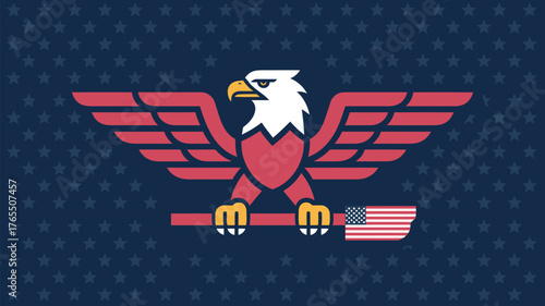 Stylized patriotic eagle clutching an american flag on a star patterned navy blue background design