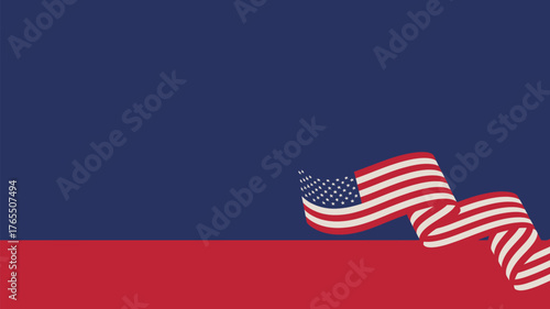 American flag ribbon flowing on a background of red and blue color block illustration design