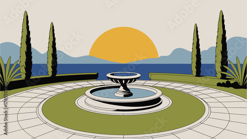 A stylized view of a fountain in a garden setting with a sunset over water and distant mountains