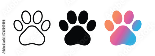 paw print icon set dog cat pet animal track vector sign black outline colorful illustration