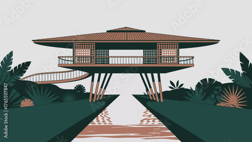 Illustration of a stilt house over water with a bridge surrounded by tropical plants and foliage