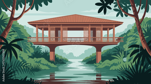 Illustration of a wooden pavilion over a river surrounded by lush tropical vegetation and trees view