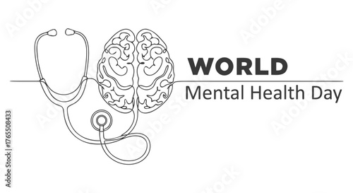 World Mental Health Day illustration, a continuous one line drawing of a human brain connected to a stethoscope symbolizing mental health care