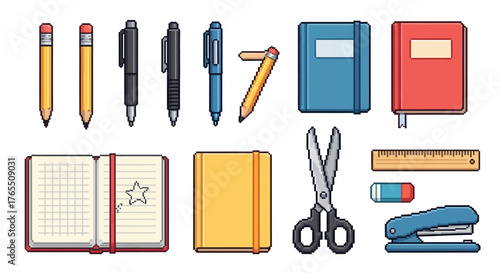 Pixel art collection of school and office supplies on a white background