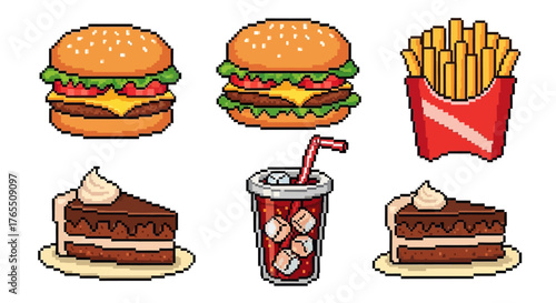 Pixel art of fast food items two burgers fries soda and two cake slices