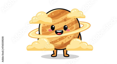 Cute cartoon planet with rings clouds and a face