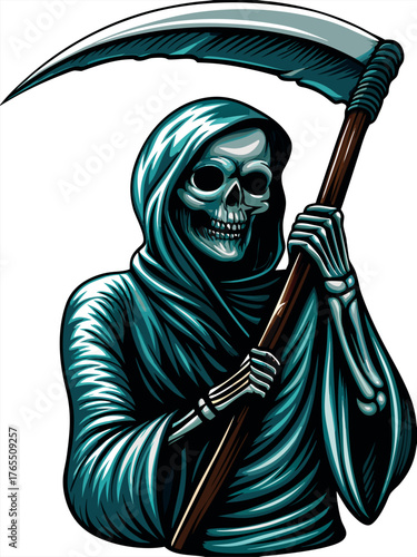 A woman's face peers out from the dark woods, a scary Halloween zombie horror illustration of death with a sword and scythe