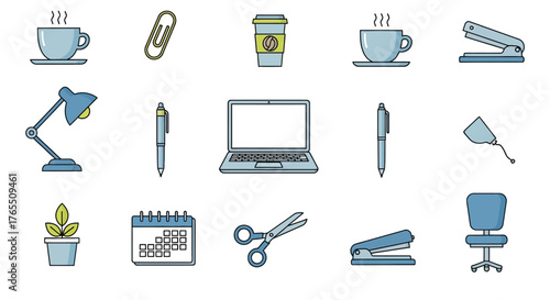 Flat design icons of office supplies on a white background