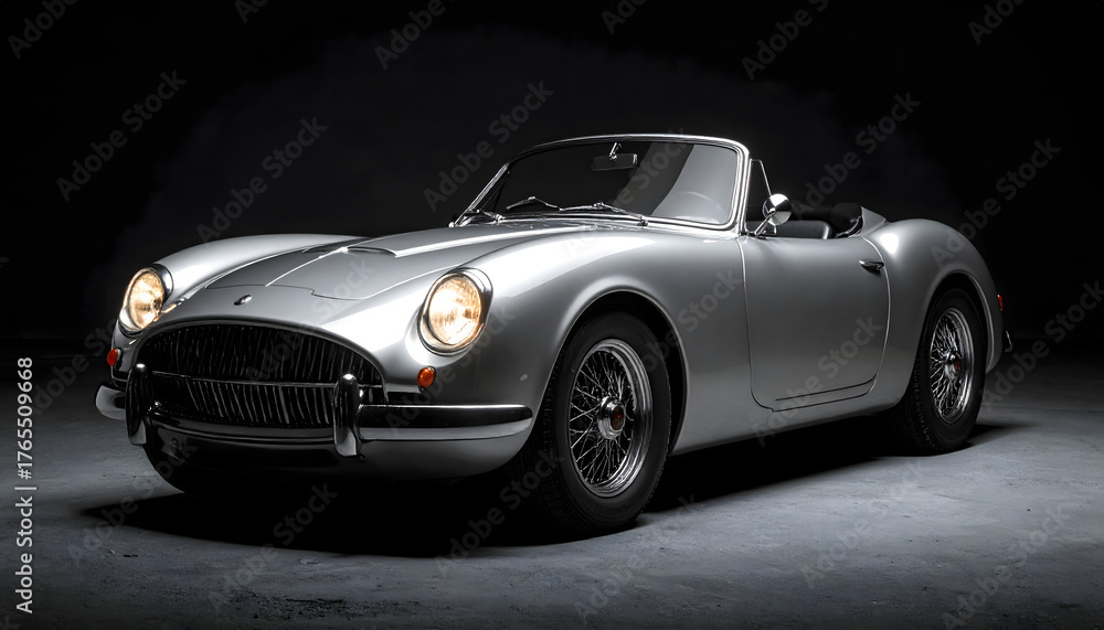 Obraz premium A sleek silver vintage convertible sports car parked in a dark studio setting