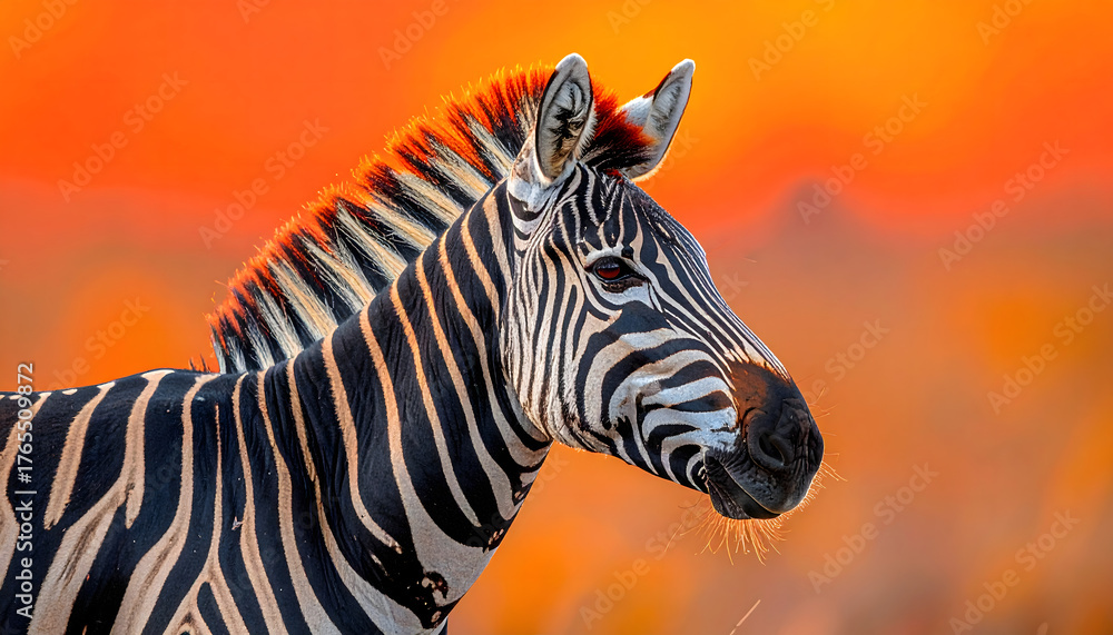 Fototapeta premium Zebra in Profile at Sunset Striking Black and White Stripes