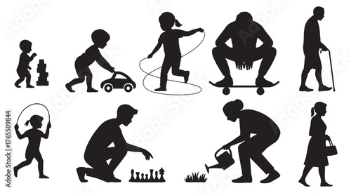 Human Life Silhouette Vector Set – People from Childhood to Old Age in Various Activities on White Background.