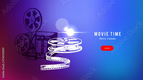 Collage of sketch retro film projector with reel unwindingl. Nostalgia, cozy background. Cinema, film studio, streaming platform, tv, ticket service concept. Hand drawn vector illustration.
