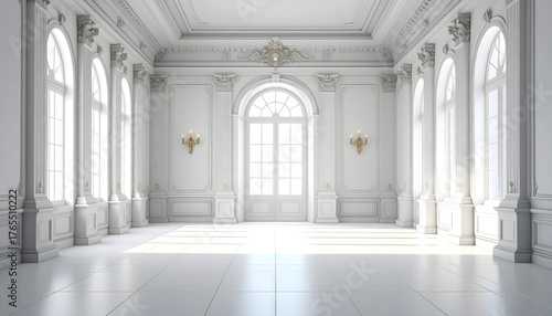 Elegant white ballroom with large arched windows and ornate decor