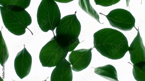 Overlapping green leaves on a white background, showcasing veins and textures, offering natural design