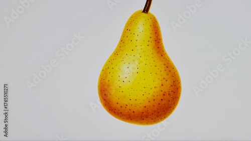 A golden-yellow pear with a brown stem hangs against a neutral background. The skin has small brown speckles