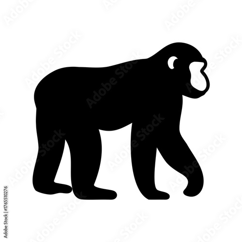 A stark black silhouette of a Macaque, walking on a white background