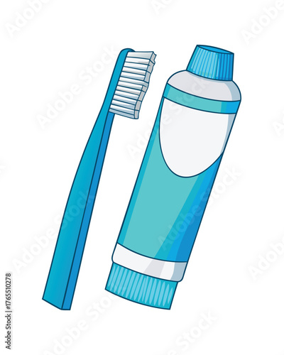Isolated vector illustration of blue plastic bottle, toothbrush, and toothpaste tube for dental hygiene care on white