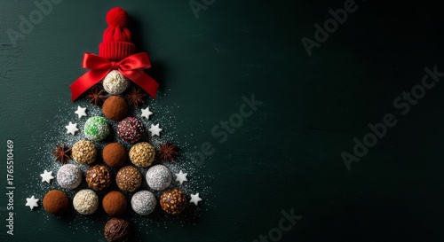 Christmas Tree Shape Made of Chocolate Truffles and Decorations on Dark Background
