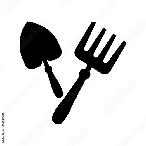 Silhouette of garden hand tools including a trowel and a garden fork