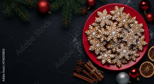 Gingerbread Cookies and Christmas Decor on Dark Background
