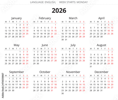 2026 english simple annual calendar. Vector illustration. Week starts monday