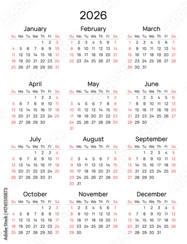 2026 simple calendar. English vector year (week starts sunday)