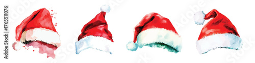 Santa Claus hats watercolor Christmas hand drawn illustration isolated on white background New Year 2026 decoration set