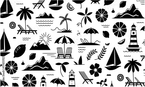 Seamless summer resort vector pattern,beach, island, sailboat, hibiscus, and tropical silhouettes
