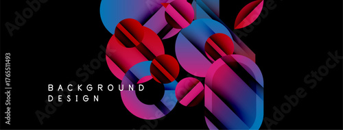 Abstract geometric shapes overlap, creating vibrant color gradients. Design features blue, pink, red hues on black backdrop. Modern aesthetic.