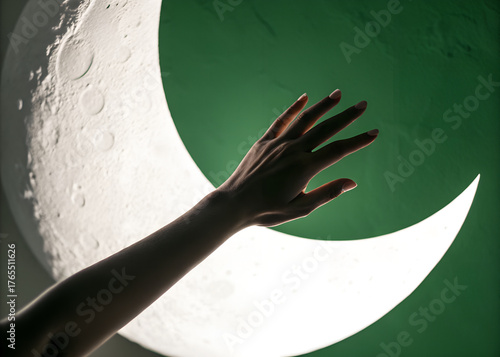 Hand Reaching Toward Crescent Moon with Pakistan Flag Background
