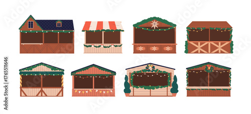 Christmas market stalls, wooden kiosks set. Winter holiday fair booths, wood stands, small outdoor shops with seasonal festive decoration. Flat vector illustration isolated on white background