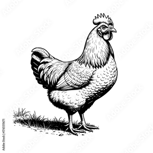 Chicken, simple line drawing, sketch. Vector illustration. Farm poultry, isolated on a white background.