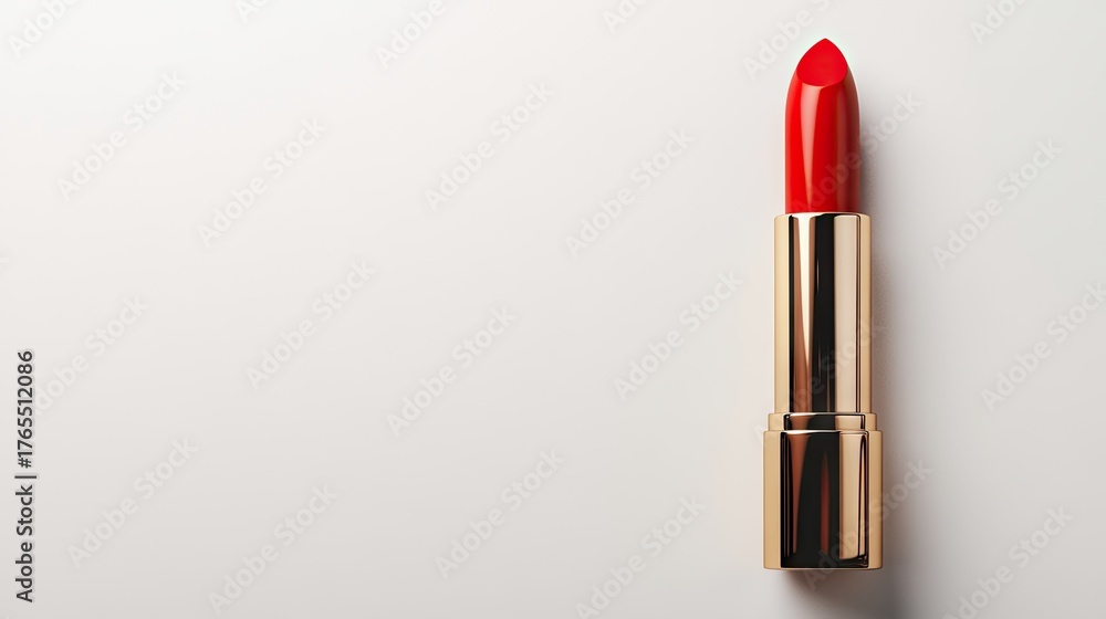 Fototapeta premium A sleek gold case cradles deep red lipstick, showcasing luxury style in a modern minimalistic design against a pristine white background