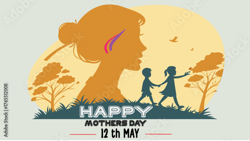Happy Mother's Day Vector Art: Silhouette of Mother, Children, and Nature Landscape