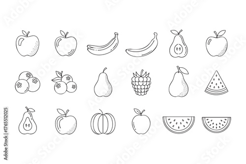 Collection of black and white line art illustrations of various fruits including apples pears bananas blueberries raspberries and watermelon slices