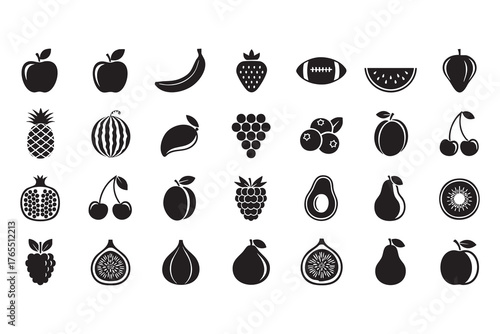 Collection of black fruit icons including apples bananas strawberries watermelon pineapple grapes blueberries cherries plums avocados pears figs