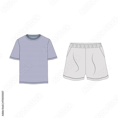 Striped T-shirt and Shorts Set Flat Sketch for Fashion Design