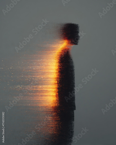 Abstract human figure dissolving into glowing data stream with warm orange light and dark silhouette on gray background