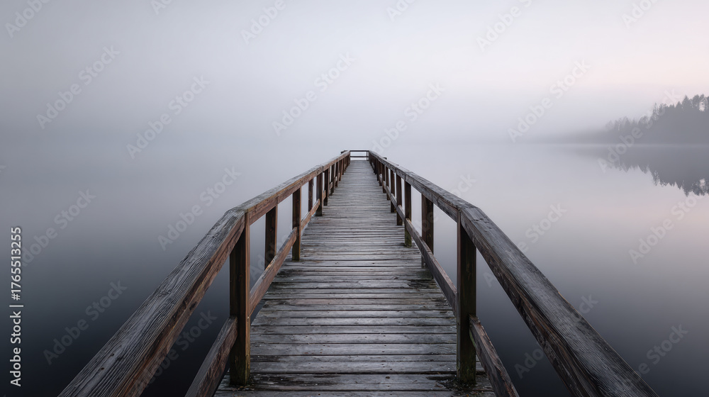 Fototapeta premium Empty wooden pier stretching into calm misty lake with soft pastel sky and distant tree line creating peaceful atmosphere