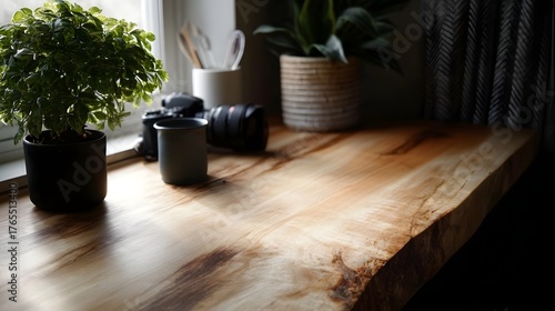 Natural wood desk with live edge set up near a window with plants and
